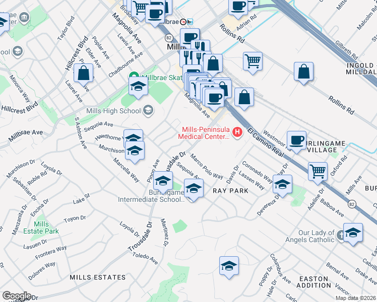 map of restaurants, bars, coffee shops, grocery stores, and more near Trousdale Drive & Marco Polo Way in Burlingame