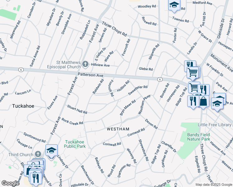 map of restaurants, bars, coffee shops, grocery stores, and more near 7623 Hollins Road in Richmond