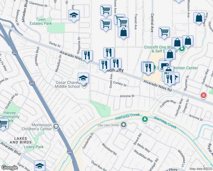 map of restaurants, bars, coffee shops, grocery stores, and more near 2716 Killdeer Court in Union City