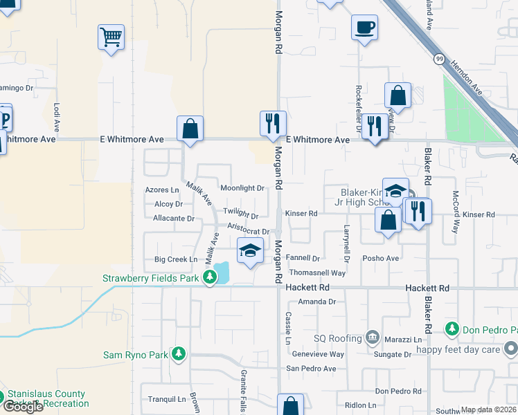 map of restaurants, bars, coffee shops, grocery stores, and more near 2868 Glider Ct in Ceres