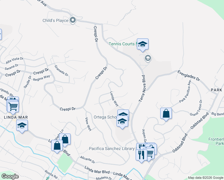 map of restaurants, bars, coffee shops, grocery stores, and more near 1269 Lerida Way in Pacifica