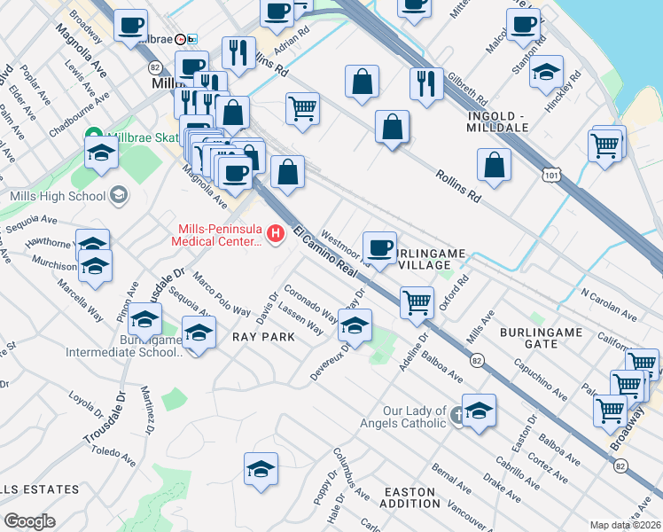 map of restaurants, bars, coffee shops, grocery stores, and more near 1632 Albemarle Way in Burlingame