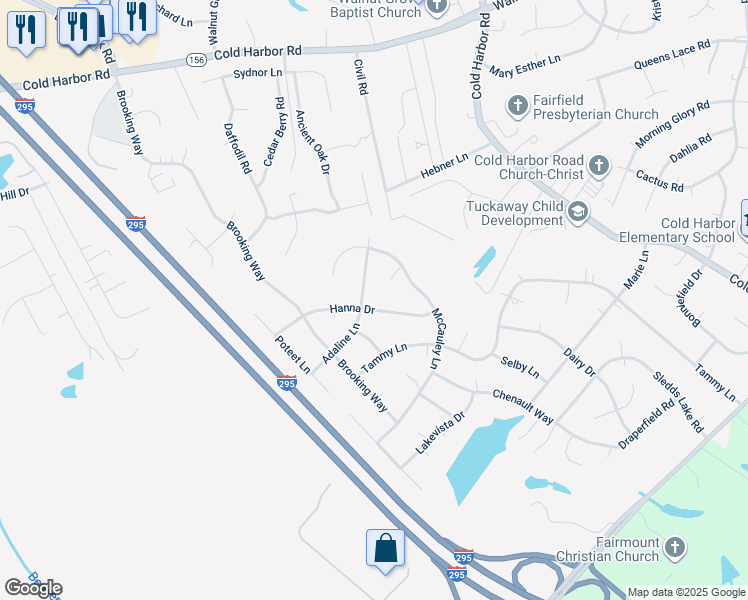 map of restaurants, bars, coffee shops, grocery stores, and more near 6498 Hanna Drive in Mechanicsville