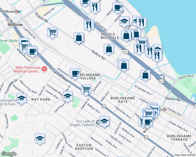 map of restaurants, bars, coffee shops, grocery stores, and more near 1525 California Drive in Burlingame