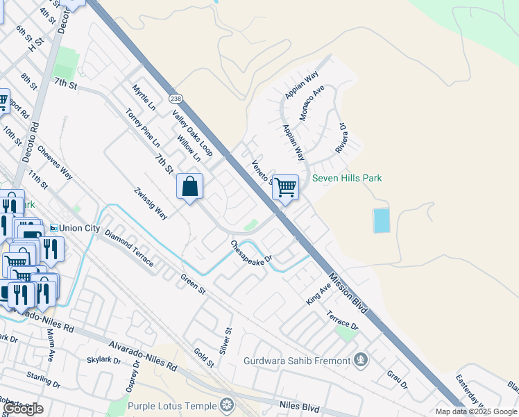 map of restaurants, bars, coffee shops, grocery stores, and more near 102 Mahogany Lane in Union City