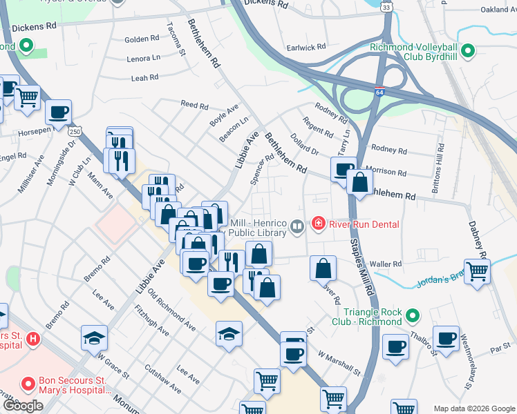 map of restaurants, bars, coffee shops, grocery stores, and more near 2300-2322 Lacy Ln in Richmond