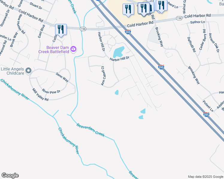 map of restaurants, bars, coffee shops, grocery stores, and more near 7257 Ann Cabell Lane in Mechanicsville