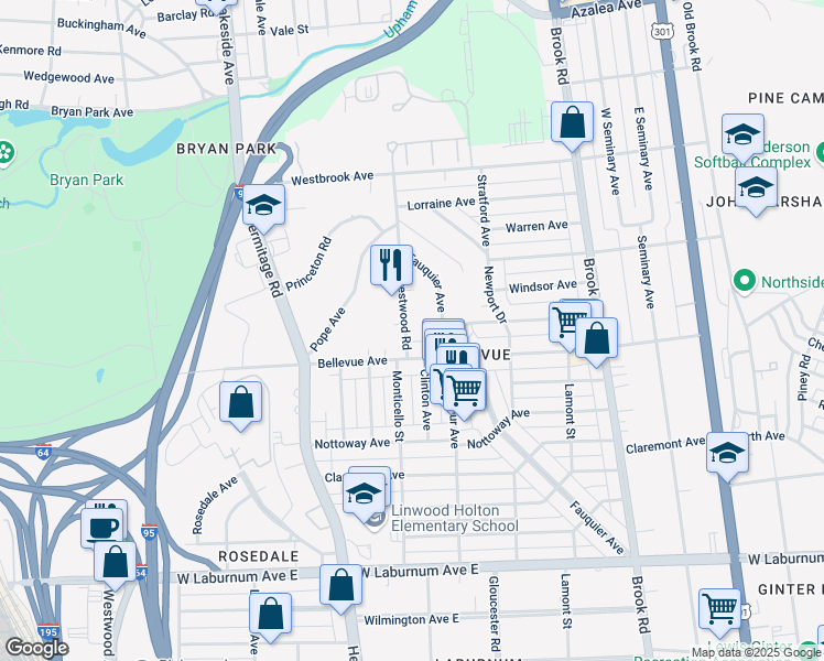 map of restaurants, bars, coffee shops, grocery stores, and more near 4103 Crestwood Road in Richmond