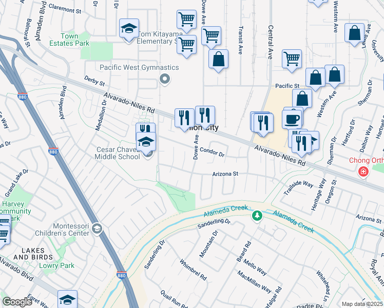 map of restaurants, bars, coffee shops, grocery stores, and more near 2709 Dowe Avenue in Union City