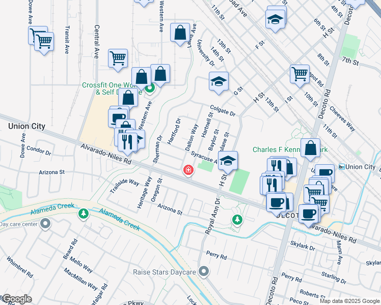 map of restaurants, bars, coffee shops, grocery stores, and more near 2075 Hartnell Street in Union City