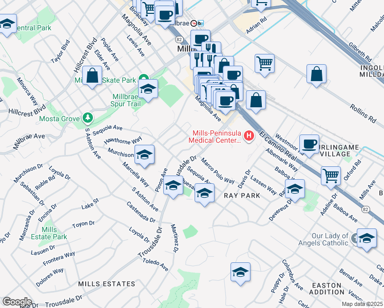 map of restaurants, bars, coffee shops, grocery stores, and more near 1875 Trousdale Drive in Burlingame