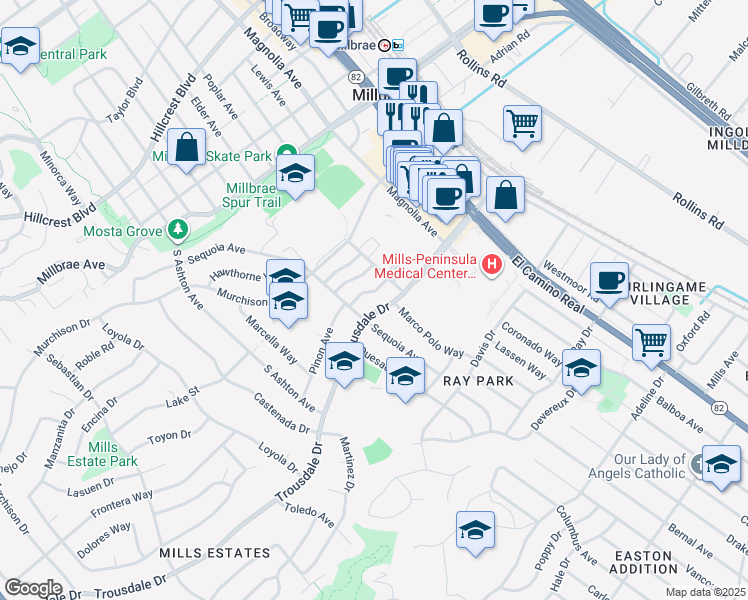 map of restaurants, bars, coffee shops, grocery stores, and more near 2018 Trousdale Drive in Burlingame