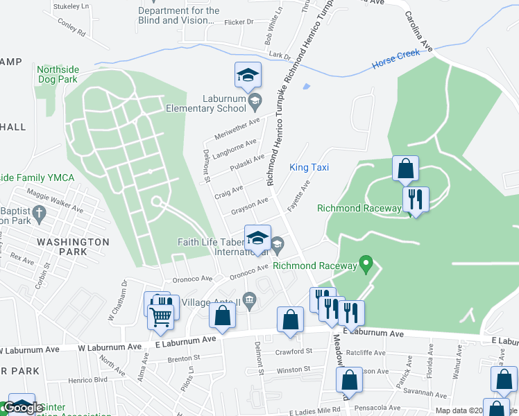 map of restaurants, bars, coffee shops, grocery stores, and more near 503 Grayson Avenue in Richmond