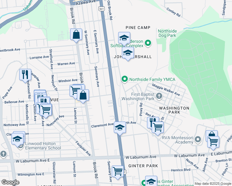 map of restaurants, bars, coffee shops, grocery stores, and more near 3941 Chamberlayne Avenue in Richmond