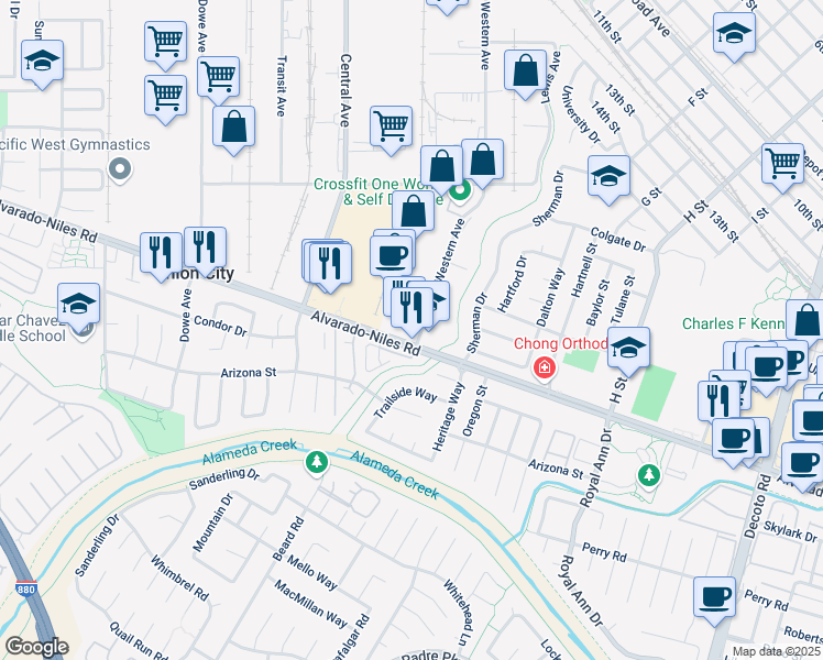 map of restaurants, bars, coffee shops, grocery stores, and more near 33592 Alvarado-Niles Road in Union City
