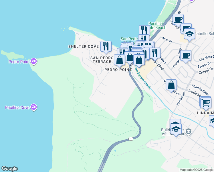 map of restaurants, bars, coffee shops, grocery stores, and more near 417 Athenian Way in Pacifica