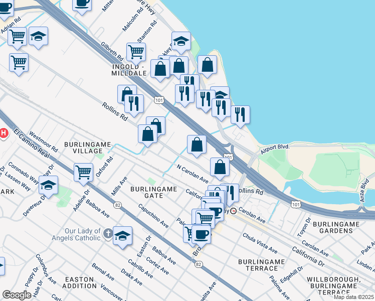 map of restaurants, bars, coffee shops, grocery stores, and more near 1394 Rollins Road in Burlingame