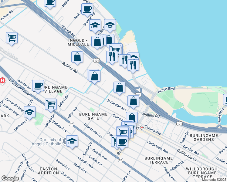 map of restaurants, bars, coffee shops, grocery stores, and more near 1395 Marsten Road in Burlingame
