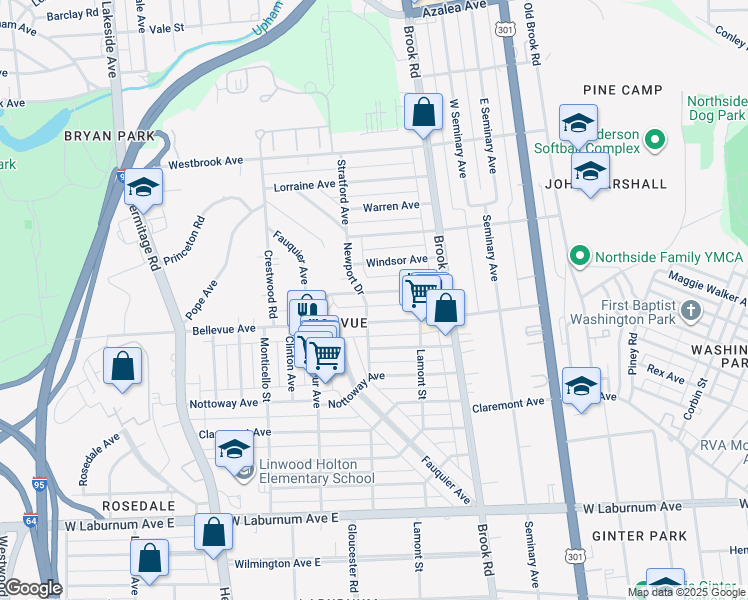 map of restaurants, bars, coffee shops, grocery stores, and more near 1233 Stanhope Avenue in Richmond