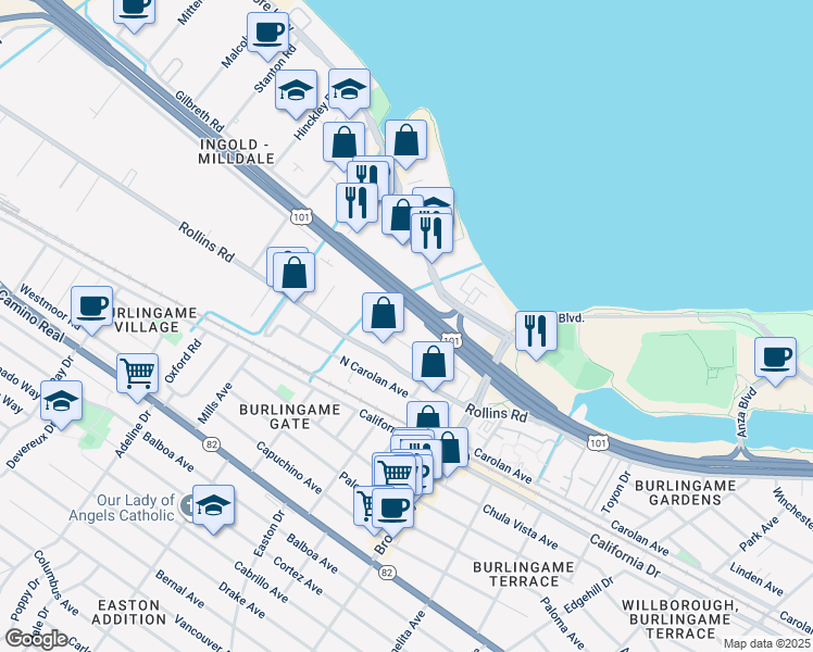 map of restaurants, bars, coffee shops, grocery stores, and more near 1356 Marsten Road in Burlingame