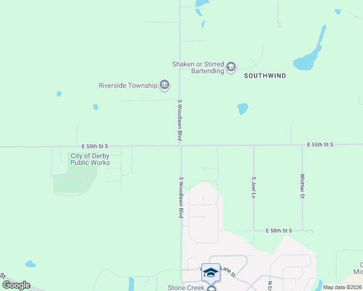 map of restaurants, bars, coffee shops, grocery stores, and more near 5600 South Woodlawn Boulevard in Derby