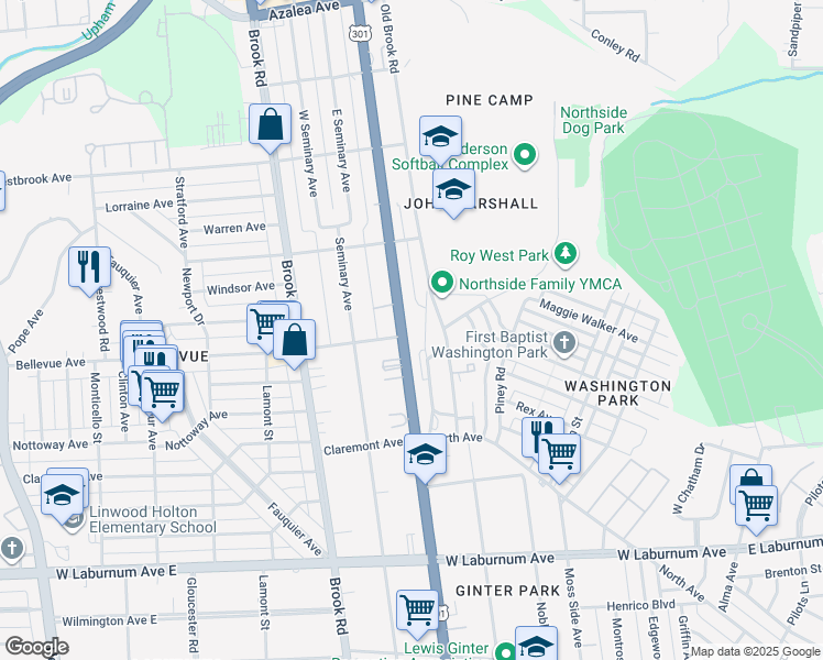 map of restaurants, bars, coffee shops, grocery stores, and more near 3943 Chamberlayne Avenue in Richmond