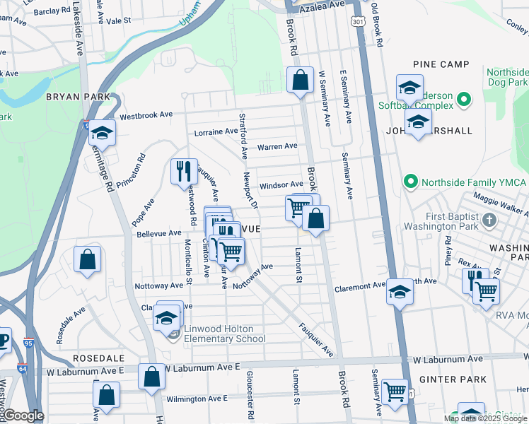 map of restaurants, bars, coffee shops, grocery stores, and more near 1233 Stanhope Avenue in Richmond