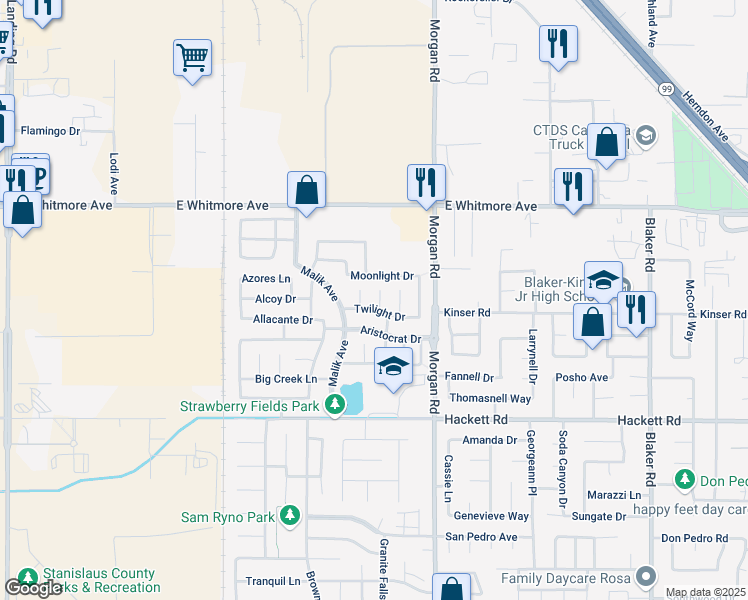 map of restaurants, bars, coffee shops, grocery stores, and more near 2857 Crescent Moon Court in Ceres