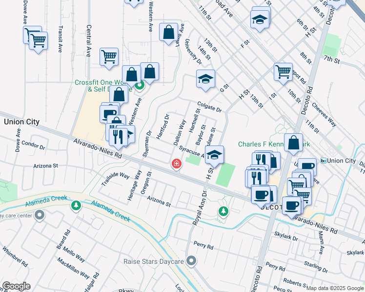 map of restaurants, bars, coffee shops, grocery stores, and more near 2075 Hartnell Street in Union City