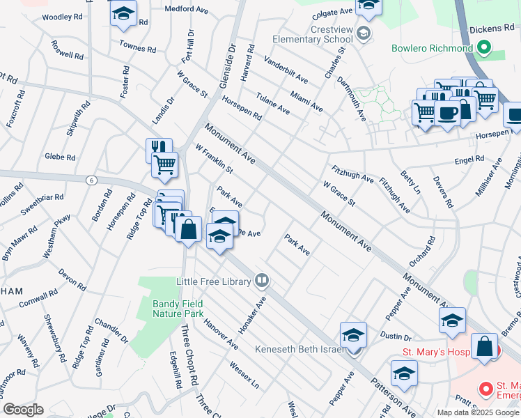 map of restaurants, bars, coffee shops, grocery stores, and more near 6800 Park Avenue in Richmond