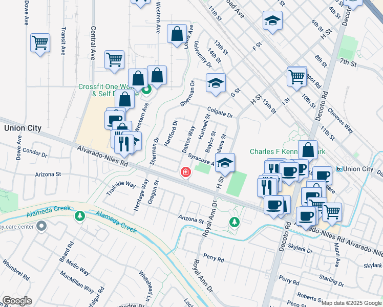 map of restaurants, bars, coffee shops, grocery stores, and more near 2075 Hartnell Street in Union City