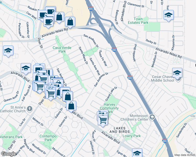 map of restaurants, bars, coffee shops, grocery stores, and more near 3064 San Andreas Drive in Union City