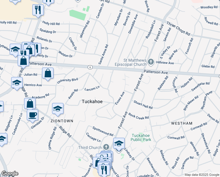 map of restaurants, bars, coffee shops, grocery stores, and more near 9204 University Boulevard in Henrico