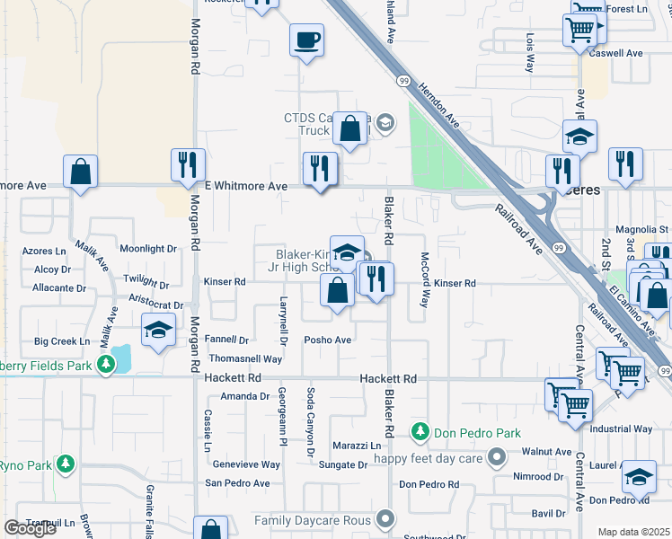 map of restaurants, bars, coffee shops, grocery stores, and more near 1573 Kinser Road in Ceres