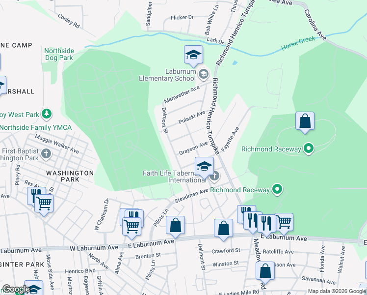 map of restaurants, bars, coffee shops, grocery stores, and more near 410 Grayson Avenue in Richmond