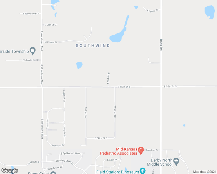 map of restaurants, bars, coffee shops, grocery stores, and more near 7427 East 55th Street South in Derby