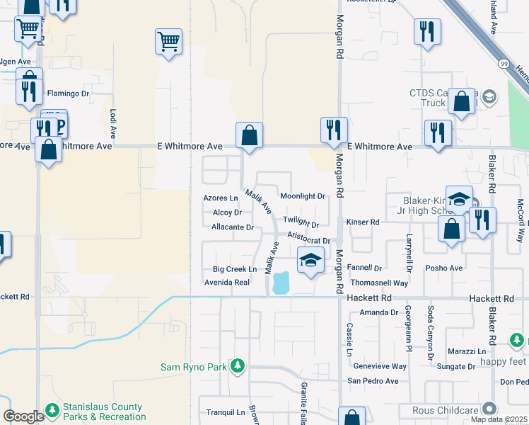 map of restaurants, bars, coffee shops, grocery stores, and more near 2873 Malik Avenue in Ceres