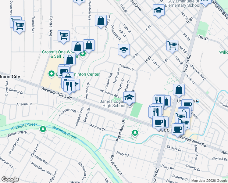 map of restaurants, bars, coffee shops, grocery stores, and more near 2038 Hartnell Street in Union City