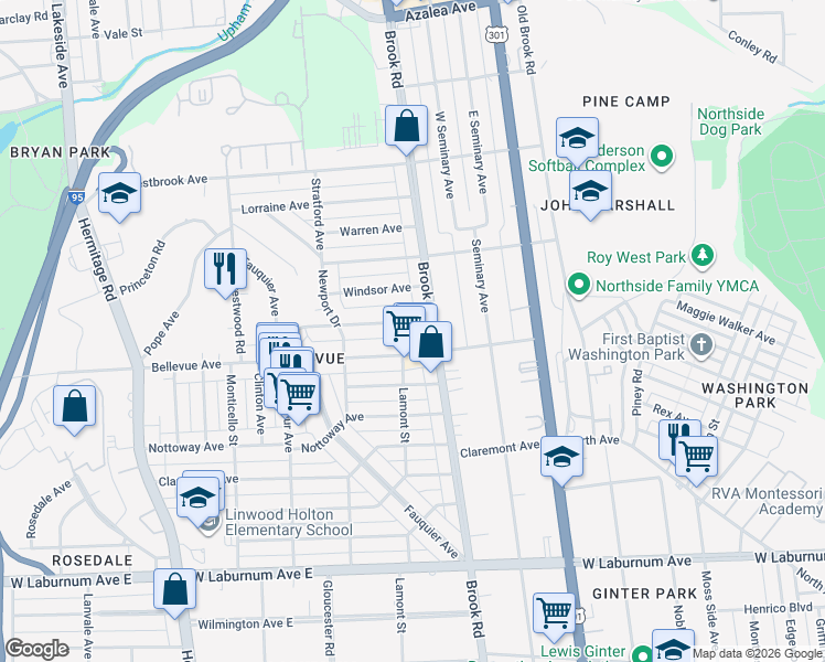 map of restaurants, bars, coffee shops, grocery stores, and more near 1211 Stanhope Avenue in Richmond