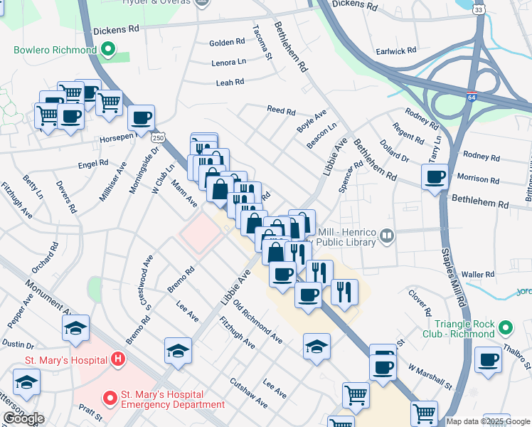 map of restaurants, bars, coffee shops, grocery stores, and more near 2000 Henderson Road in Richmond