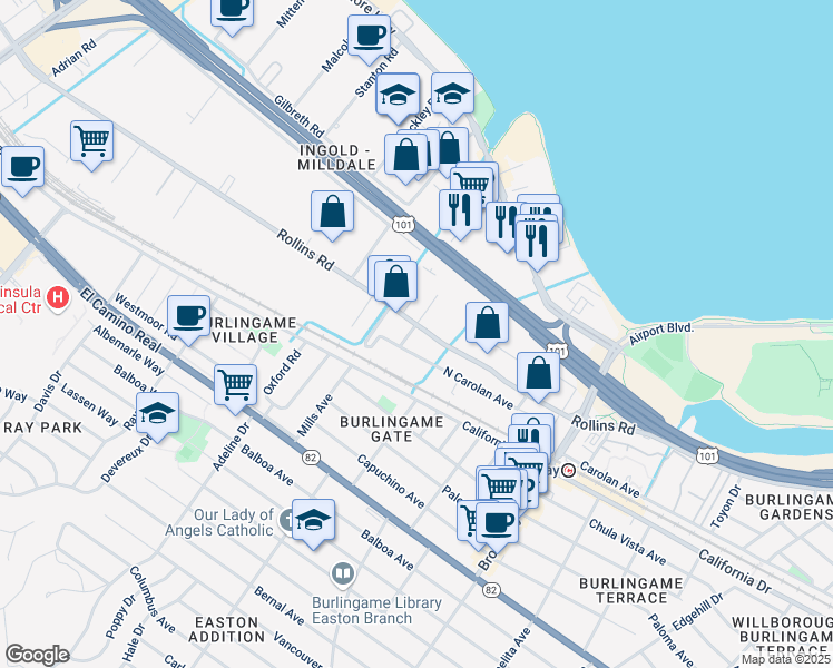 map of restaurants, bars, coffee shops, grocery stores, and more near 1003 Edwards Road in Burlingame
