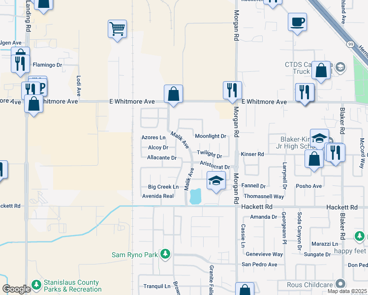 map of restaurants, bars, coffee shops, grocery stores, and more near 2873 Malik Avenue in Ceres