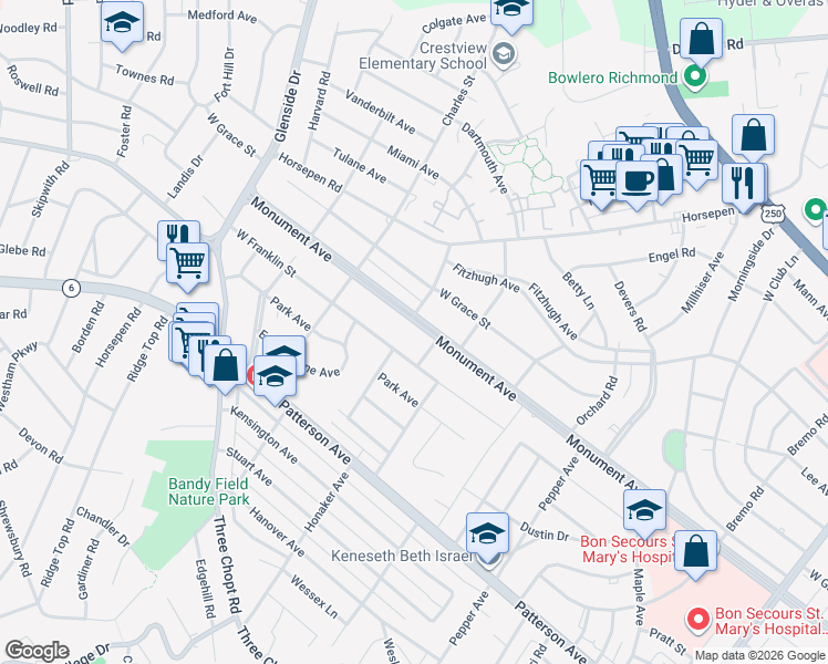 map of restaurants, bars, coffee shops, grocery stores, and more near 6607 Monument Avenue in Richmond