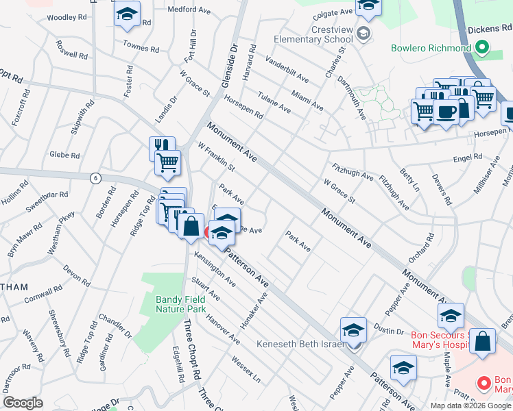 map of restaurants, bars, coffee shops, grocery stores, and more near 6806 Park Avenue in Richmond