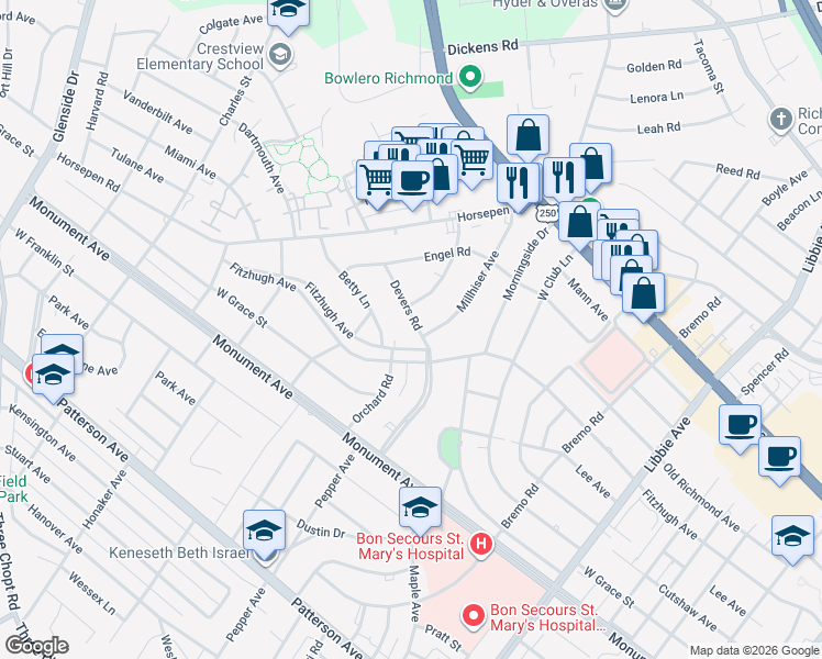 map of restaurants, bars, coffee shops, grocery stores, and more near 1700 Devers Road in Richmond