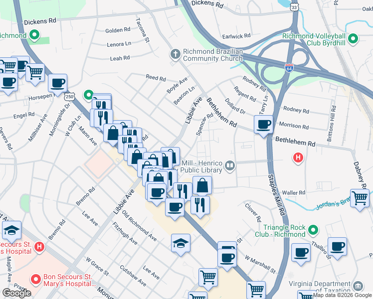 map of restaurants, bars, coffee shops, grocery stores, and more near 5501 Indigo Road in Richmond