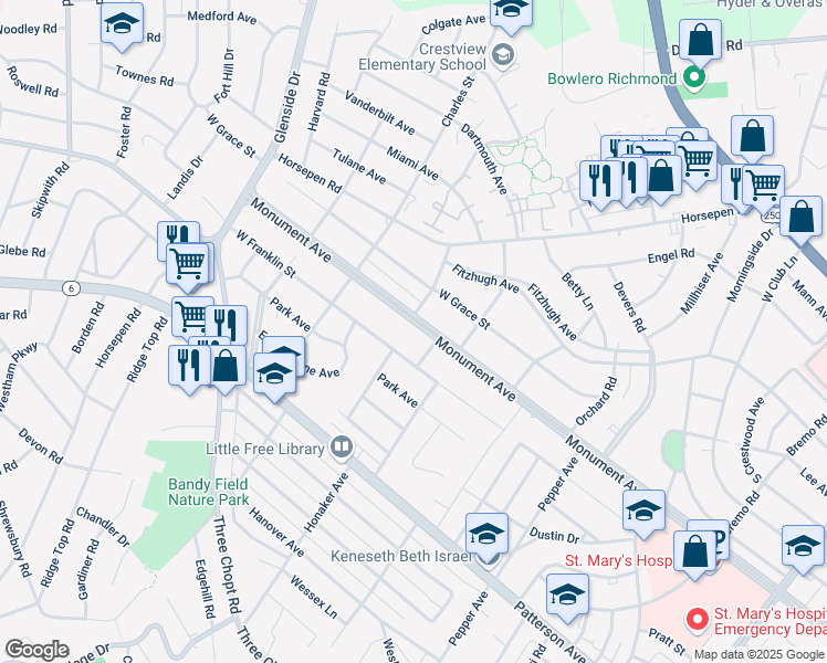 map of restaurants, bars, coffee shops, grocery stores, and more near 6607 Monument Avenue in Richmond