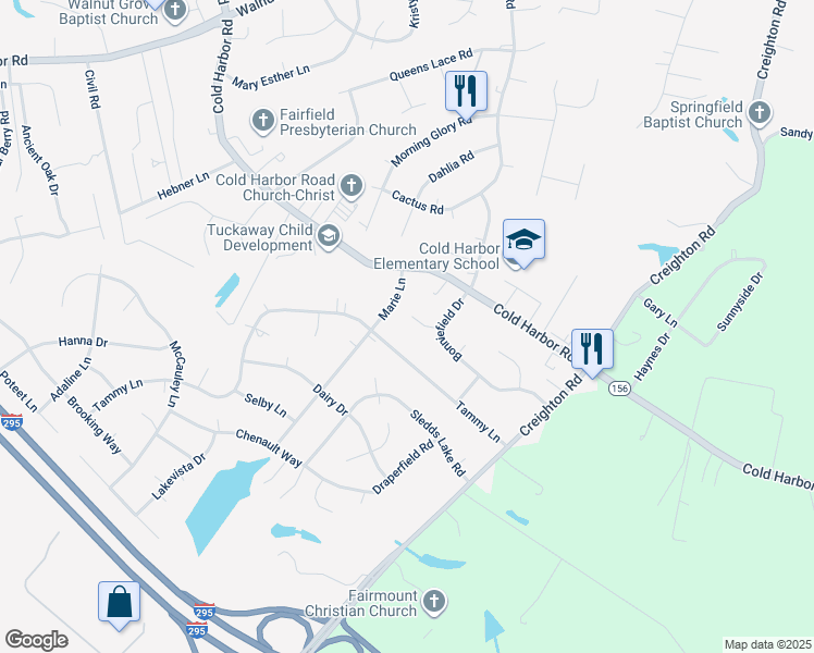 map of restaurants, bars, coffee shops, grocery stores, and more near 6321 Puller Drive in Mechanicsville