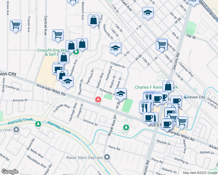 map of restaurants, bars, coffee shops, grocery stores, and more near 1997 Baylor Street in Union City