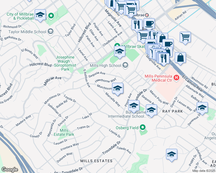 map of restaurants, bars, coffee shops, grocery stores, and more near 834 Murchison Drive in Millbrae